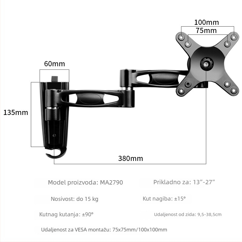 Monitor zidni nosač s podizanjem i teleskopskom produžnicom, 360° rotacija, za monitore 17–32 inča, model WM18, materijal: cold tie steel, težina: 3 kg
