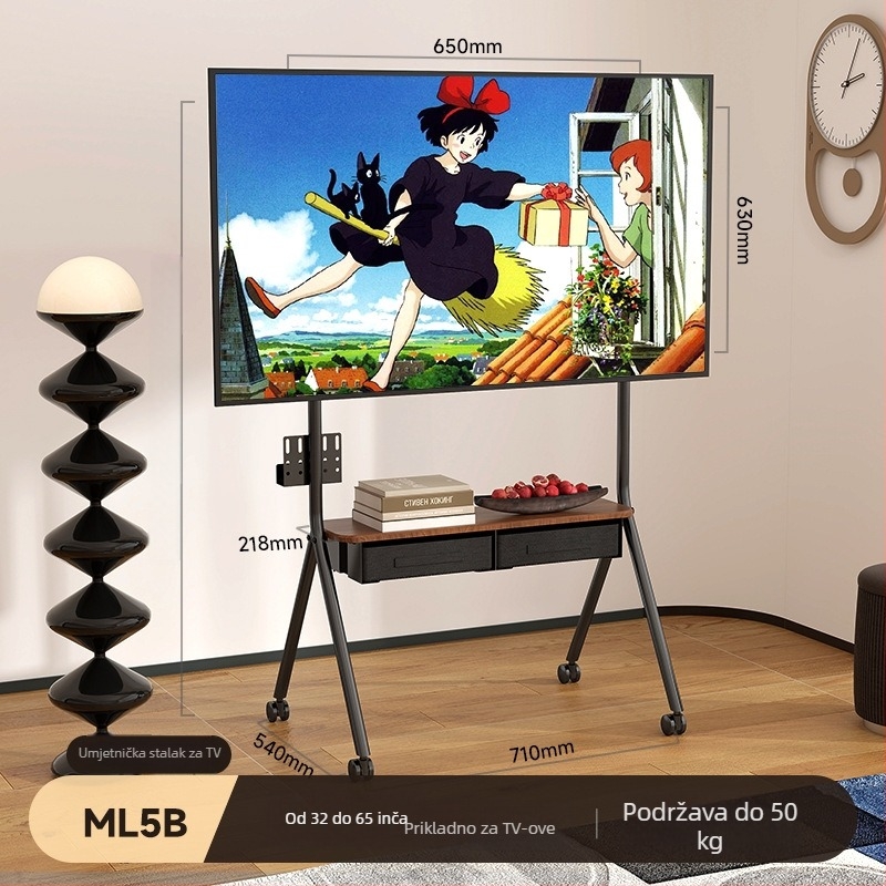 Mobilni TV kolica s ladicom i prostorom za pohranu — hladno valjana čelična konstrukcija, model Ml5b, 13 kg, kompatibilno sa Smart TV