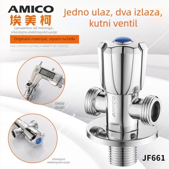 Amico bakreni troputni kutni ventil, 1 ulaz, 2 izlaza, ručni pogon, kutnog tipa, model JF661