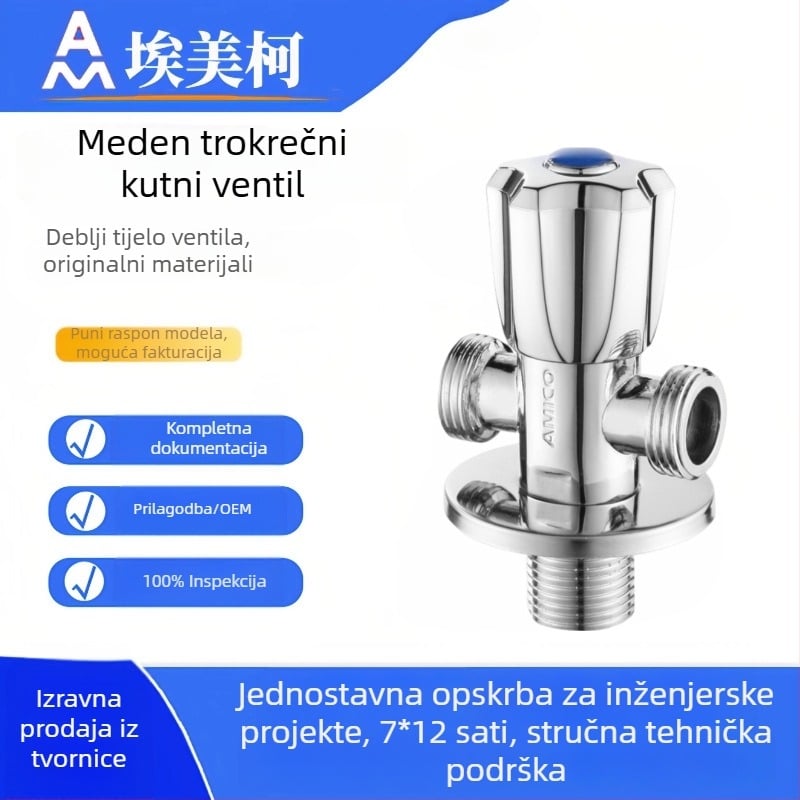 Amico bakreni troputni kutni ventil, 1 ulaz, 2 izlaza, ručni pogon, kutnog tipa, model JF661