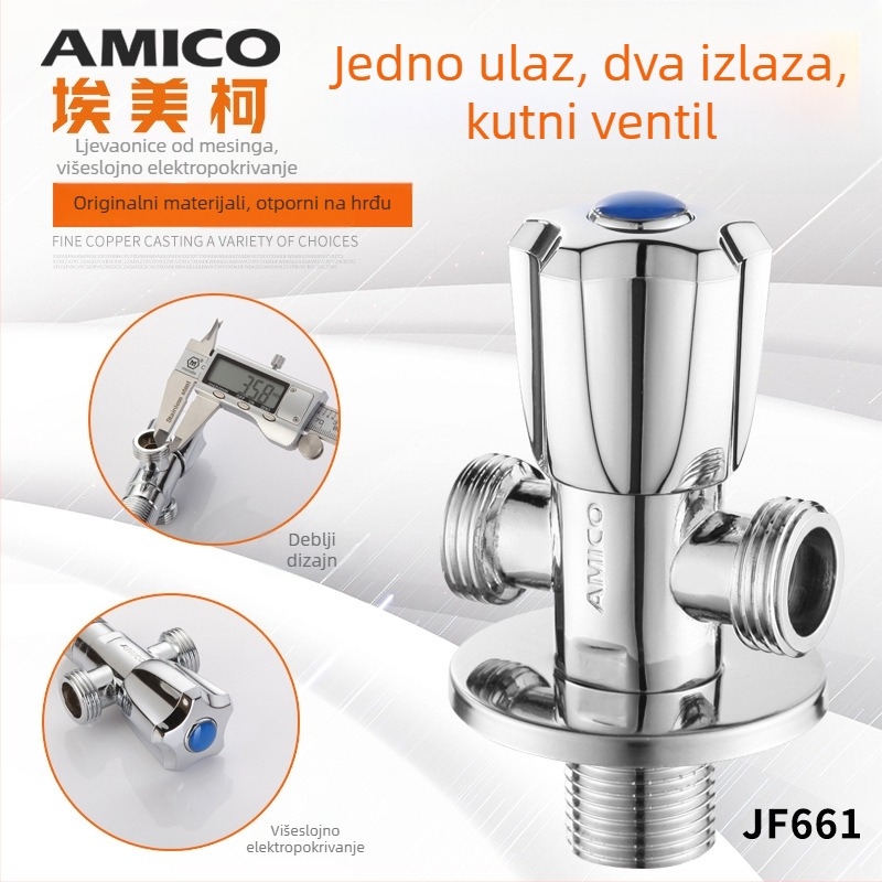 Amico bakreni troputni kutni ventil, 1 ulaz, 2 izlaza, ručni pogon, kutnog tipa, model JF661