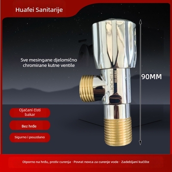 Mosazni kutni ventil s ojačanim otporom na pucanje za kućnu instalaciju – za WC, umivaonik, bojler te toplu/hladnu vodu; ugrađena instalacija; radni tlak 10 bar; moderan minimalistički stil