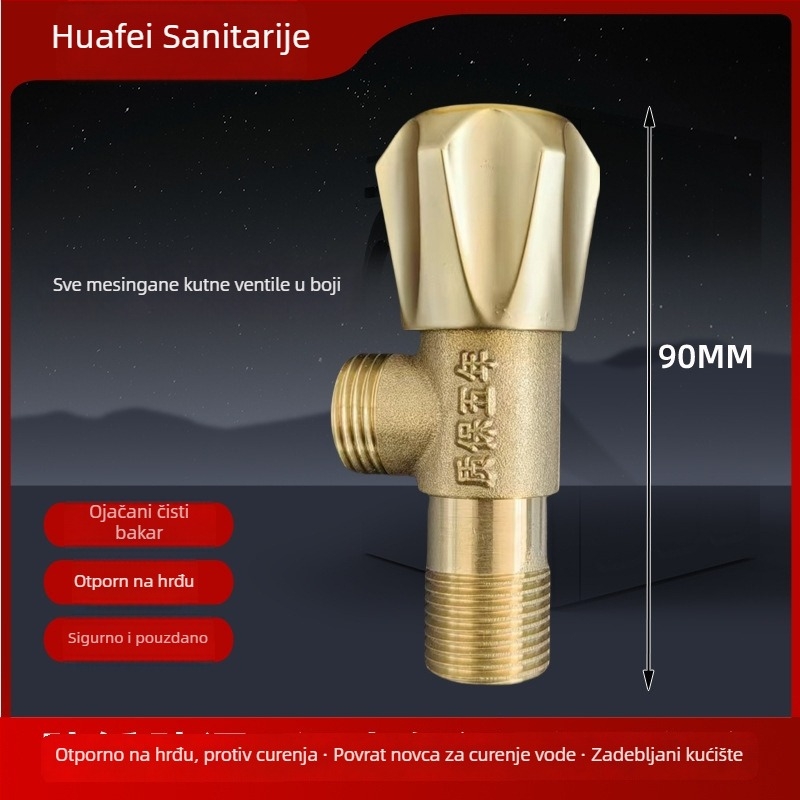 Mosazni kutni ventil s ojačanim otporom na pucanje za kućnu instalaciju – za WC, umivaonik, bojler te toplu/hladnu vodu; ugrađena instalacija; radni tlak 10 bar; moderan minimalistički stil