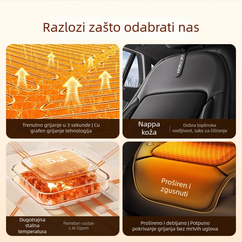 Auto grijana jastučnica za sjedalo s grafeno-karbonskim grijanjem, pametni prekidač za automatsko pokretanje-zaustavljanje (Oblik: ledeni jastuk; Punilo: svileno vlakno; Površina: mikrovlakasta koža; Zima)
