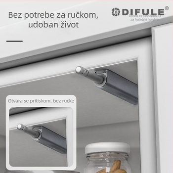 Automatski mehanizam za otvaranje vrata ormarića i garderobe, tip pritiska, skriveno otvaranje magnetskim zahvatom, model W079, materijal aluminijska legura + POM, namijenjen ormarićima, garderobama i vatrootpornim vratima, stil moderni minimalistički
