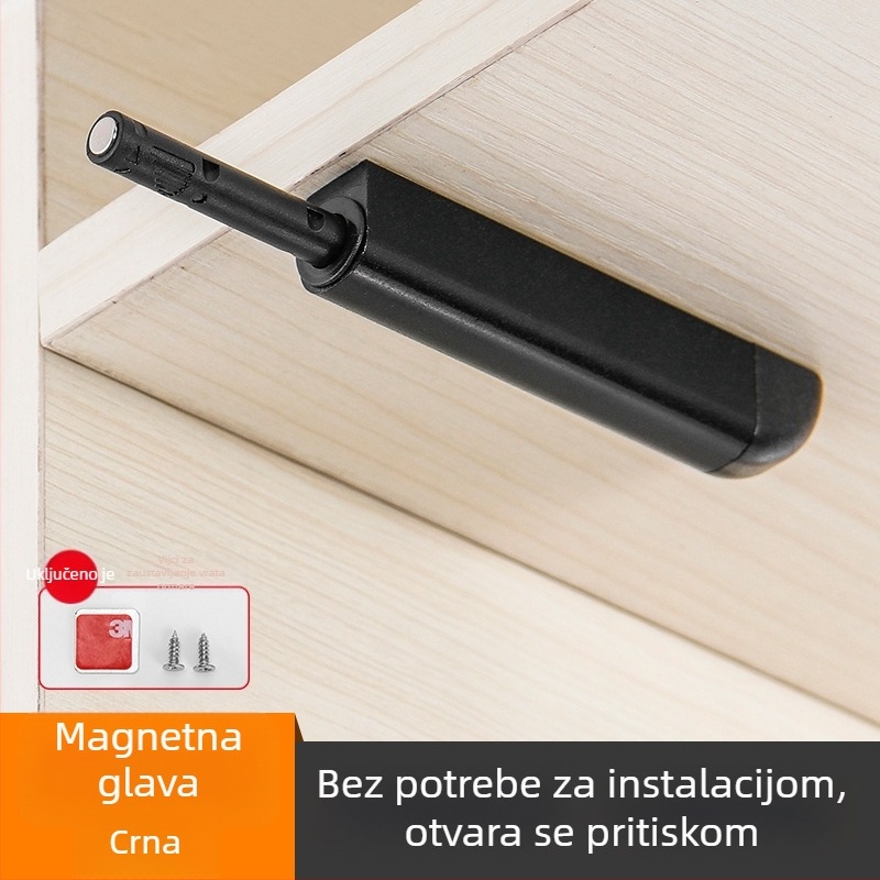 Automatski mehanizam za otvaranje vrata ormarića i garderobe, tip pritiska, skriveno otvaranje magnetskim zahvatom, model W079, materijal aluminijska legura + POM, namijenjen ormarićima, garderobama i vatrootpornim vratima, stil moderni minimalistički