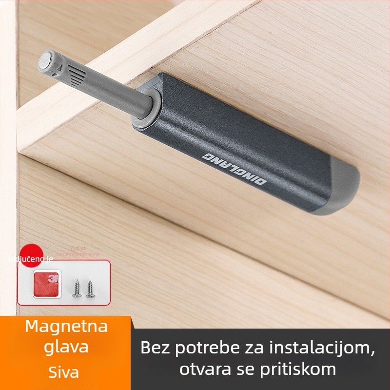 Automatski mehanizam za otvaranje vrata ormarića i garderobe, tip pritiska, skriveno otvaranje magnetskim zahvatom, model W079, materijal aluminijska legura + POM, namijenjen ormarićima, garderobama i vatrootpornim vratima, stil moderni minimalistički