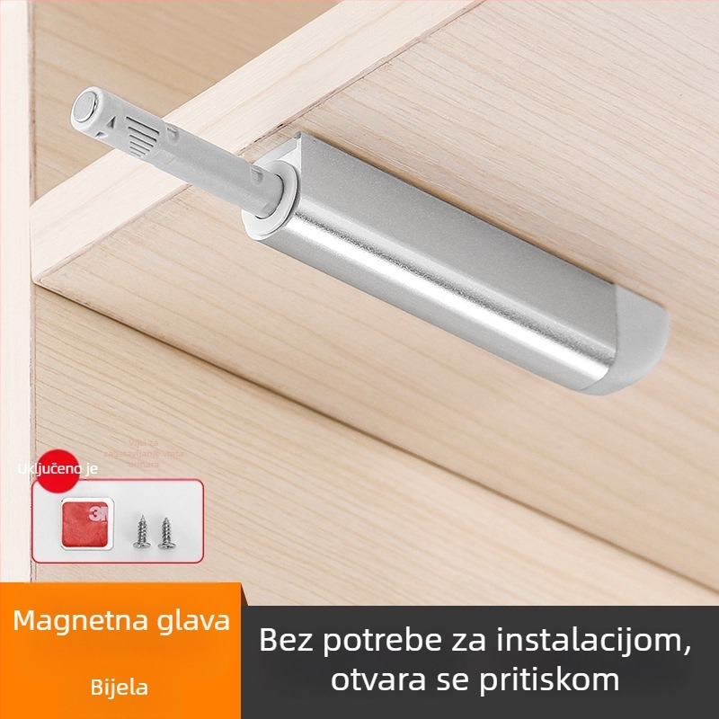 Automatski mehanizam za otvaranje vrata ormarića i garderobe, tip pritiska, skriveno otvaranje magnetskim zahvatom, model W079, materijal aluminijska legura + POM, namijenjen ormarićima, garderobama i vatrootpornim vratima, stil moderni minimalistički