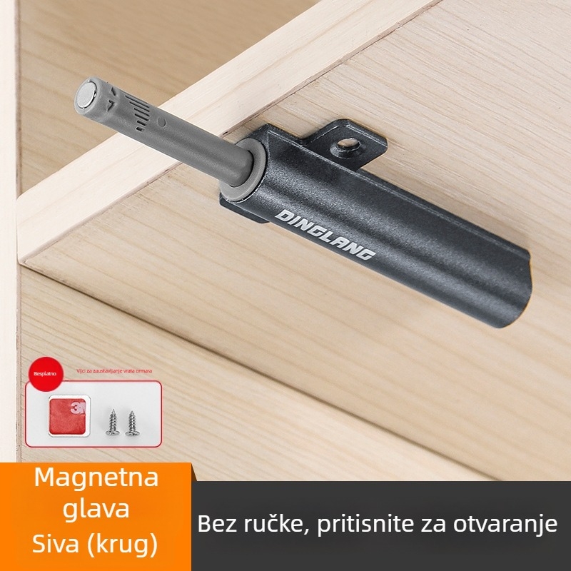 Automatski mehanizam za otvaranje vrata ormarića i garderobe, tip pritiska, skriveno otvaranje magnetskim zahvatom, model W079, materijal aluminijska legura + POM, namijenjen ormarićima, garderobama i vatrootpornim vratima, stil moderni minimalistički