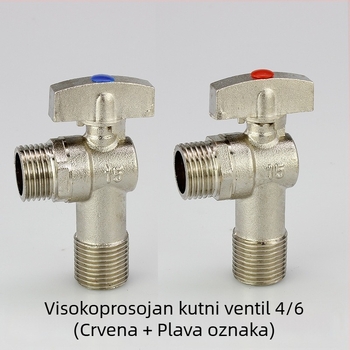 Mesingani kutni ventil s kugličnim jezgrom, veliki protok, navoji spoj, unutarnji promjer 10 mm, radni tlak 1,6 MPa, za sustav toplovode
