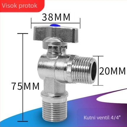 Mesingani kutni ventil s kugličnim jezgrom, veliki protok, navoji spoj, unutarnji promjer 10 mm, radni tlak 1,6 MPa, za sustav toplovode