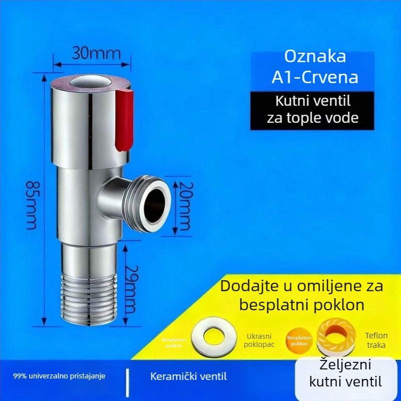 Željezni debeli elektroplakirani kutni ventil, navojni priključak, jedan ulaz i jedan izlaz, za slavine i bojlere, američki stil