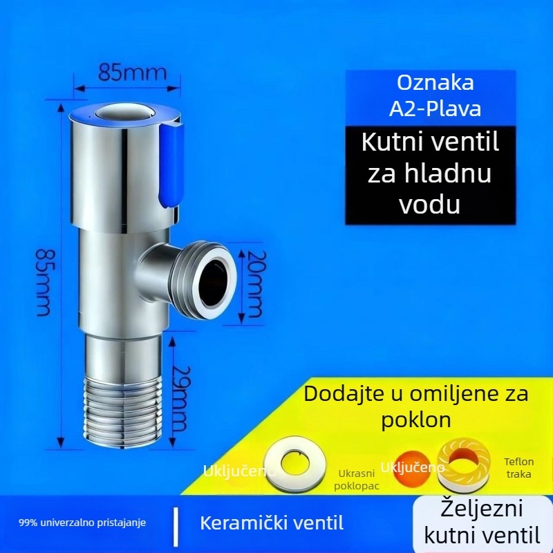 Željezni debeli elektroplakirani kutni ventil, navojni priključak, jedan ulaz i jedan izlaz, za slavine i bojlere, američki stil