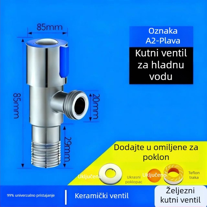 Željezni debeli elektroplakirani kutni ventil, navojni priključak, jedan ulaz i jedan izlaz, za slavine i bojlere, američki stil