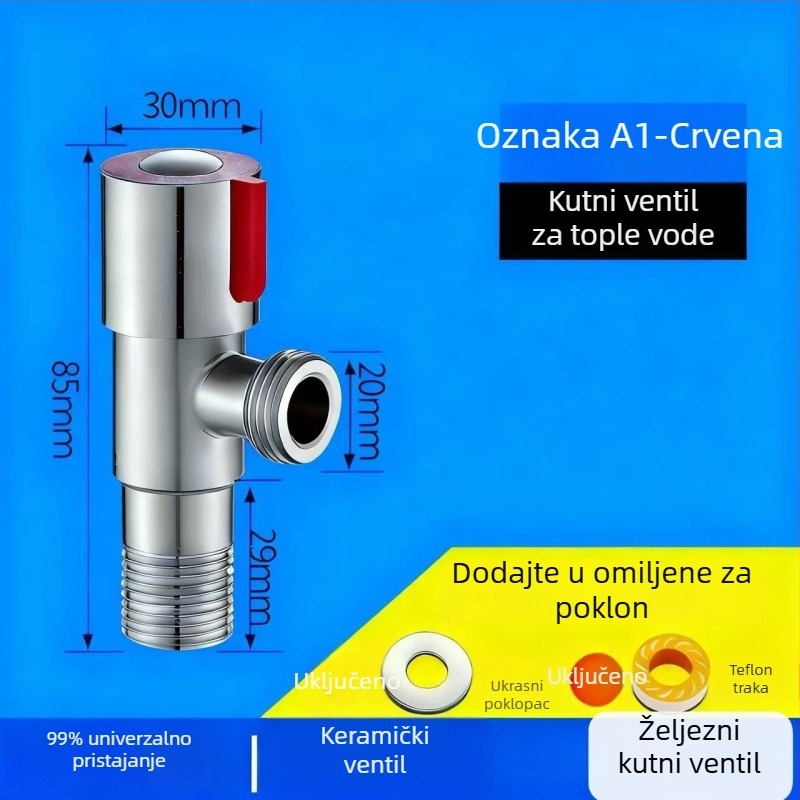Željezni debeli elektroplakirani kutni ventil, navojni priključak, jedan ulaz i jedan izlaz, za slavine i bojlere, američki stil
