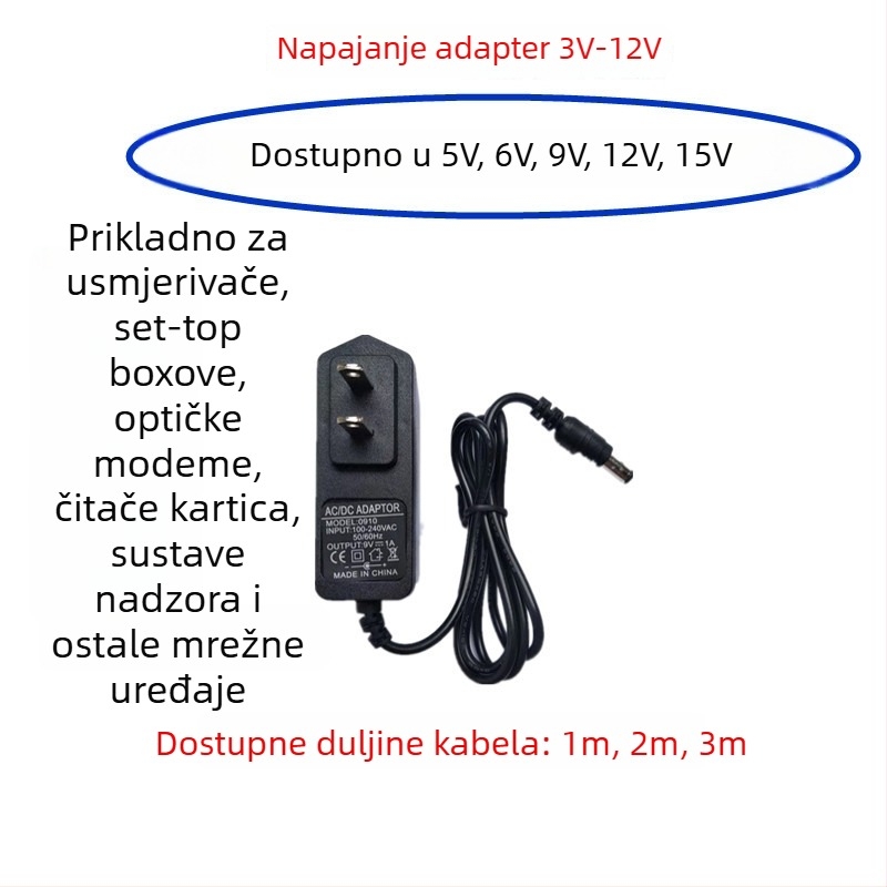 Napajajući adapter s izlazima 5V/6V/9V/12V i strujom 1A/1.5A/2A za audio, nadzor, usmjerivač i set-top box