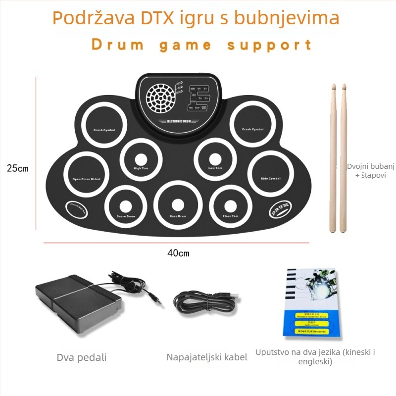 WG621 stolni elektronički bubanj s ugrađenim zvučnikom, silikonsko kućište, podrška za DTX igre, 9 bubnjarskih pločica, ton 6-10