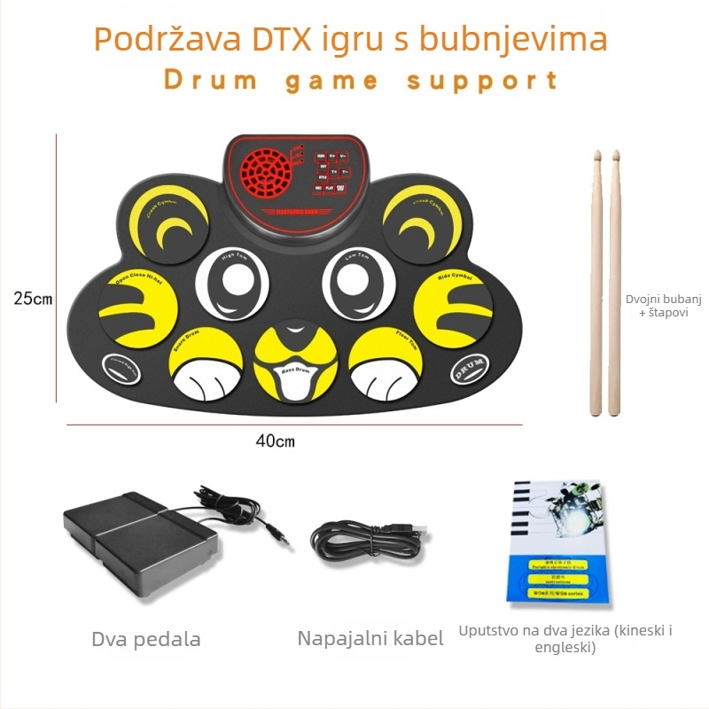 WG621 stolni elektronički bubanj s ugrađenim zvučnikom, silikonsko kućište, podrška za DTX igre, 9 bubnjarskih pločica, ton 6-10