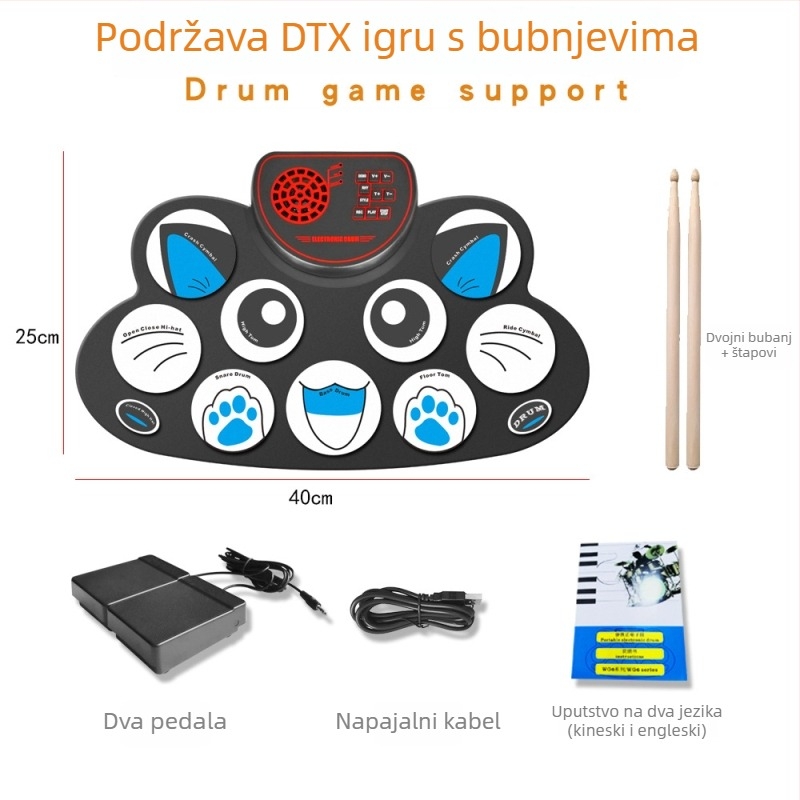 WG621 stolni elektronički bubanj s ugrađenim zvučnikom, silikonsko kućište, podrška za DTX igre, 9 bubnjarskih pločica, ton 6-10