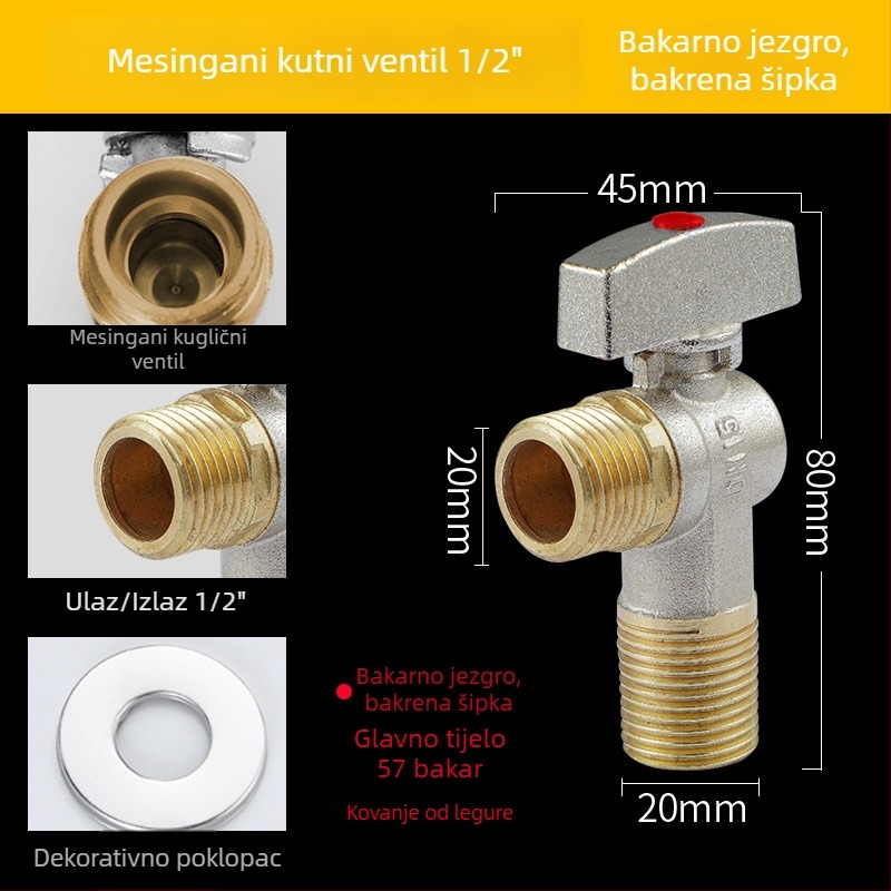 Three Penguins bakreni kuglasti ventil JF, navođeni spoj, unutarnji promjer 16 mm, radni tlak 0,8 MPa, tuš sustav