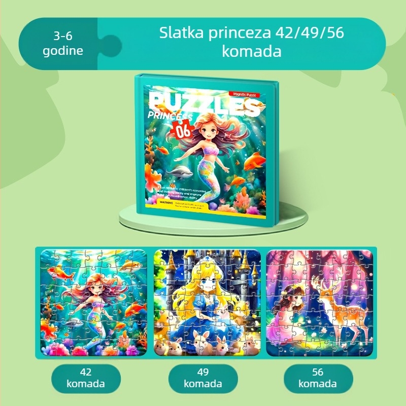 Magnetna slagalica za djecu – edukativna društvena igra korak-po-korak s temama princeze, životinja i dinozaura; papirnata konstrukcija; prilagodljivo prema nacrtima (uzrast 4–6 godina)