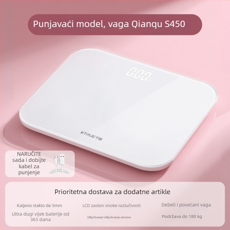 Thousand Sure S450 Digitalna vaga za tijelo, raspon 0,5–180 kg, kaljeno staklo, LCD zaslon, punjiva baterija