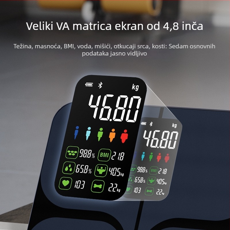 Inteligentna vaga za tjelesni udio s Bluetoothom, mjeri težinu, masnoću, vlagu i kalorije, nosivost 180 kg