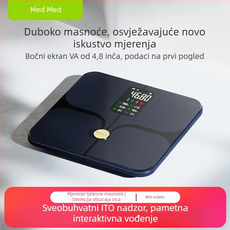 Inteligentna vaga za tjelesni udio s Bluetoothom, mjeri težinu, masnoću, vlagu i kalorije, nosivost 180 kg