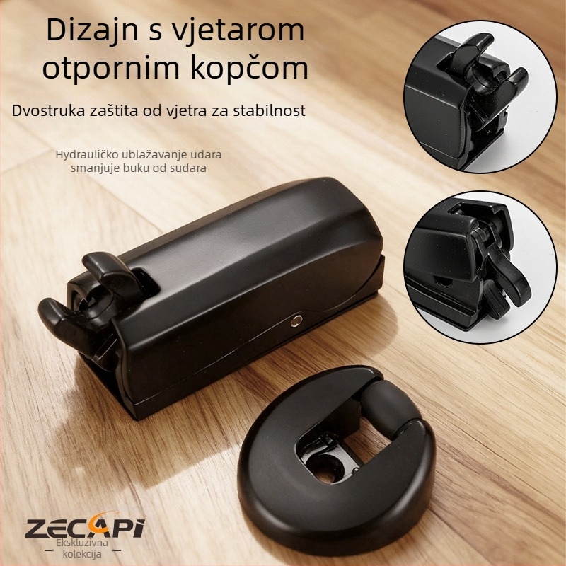 Hydraulični utišivač vrata s podesivim tlomljenjem, samoljepljiv bez bušenja; tijelo od cinkova legura, elektroplating završna obrada, automatsko upravljanje; pogodna za kupaonicu i spavaću sobu