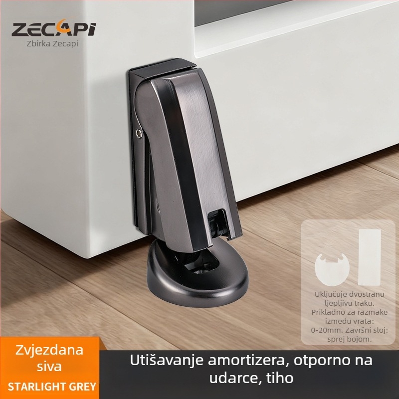 Hydraulični utišivač vrata s podesivim tlomljenjem, samoljepljiv bez bušenja; tijelo od cinkova legura, elektroplating završna obrada, automatsko upravljanje; pogodna za kupaonicu i spavaću sobu