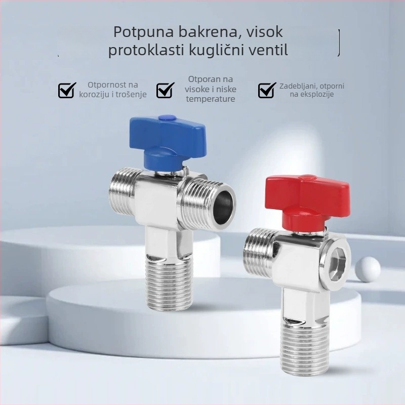 Bakreni kutni ventil velikog protoka, 20 mm unutarnji promjer, ugradnja u zid, za WC, bojler i zidni kotao