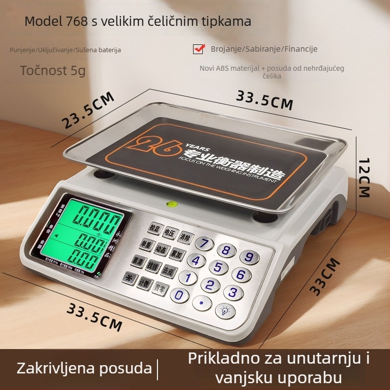Yongzhou 768 Precizna elektronička vaga za cijene za komercijalnu upotrebu, raspon mjerenja 1 g–30 kg, elektroničko mjerenje, napajanje putem baterije ili struje