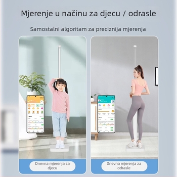 Ultrazvučne ljestvice visine i težine s glasovnim najavama, mjere visinu, težinu i postotak tjelesne masti, raspon visine 90–200 cm, nosivost do 203 kg, USB napajanje, glasovne najave na kineskom i engleskom (uključeno/isključeno)