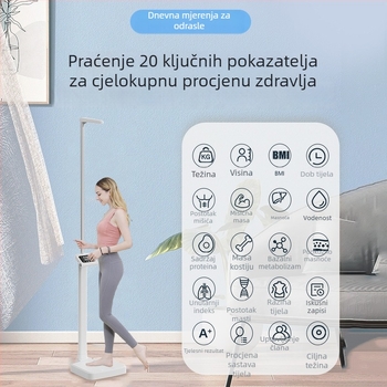 Ultrazvučne ljestvice visine i težine s glasovnim najavama, mjere visinu, težinu i postotak tjelesne masti, raspon visine 90–200 cm, nosivost do 203 kg, USB napajanje, glasovne najave na kineskom i engleskom (uključeno/isključeno)