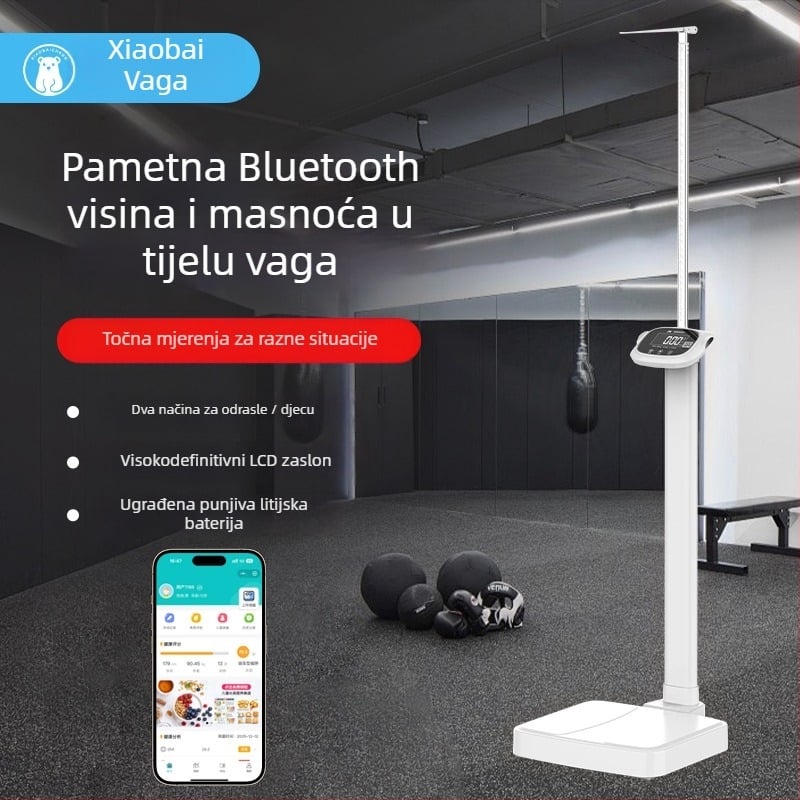 Ultrazvučne ljestvice visine i težine s glasovnim najavama, mjere visinu, težinu i postotak tjelesne masti, raspon visine 90–200 cm, nosivost do 203 kg, USB napajanje, glasovne najave na kineskom i engleskom (uključeno/isključeno)