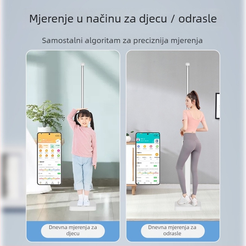 Ultrazvučne ljestvice visine i težine s glasovnim najavama, mjere visinu, težinu i postotak tjelesne masti, raspon visine 90–200 cm, nosivost do 203 kg, USB napajanje, glasovne najave na kineskom i engleskom (uključeno/isključeno)
