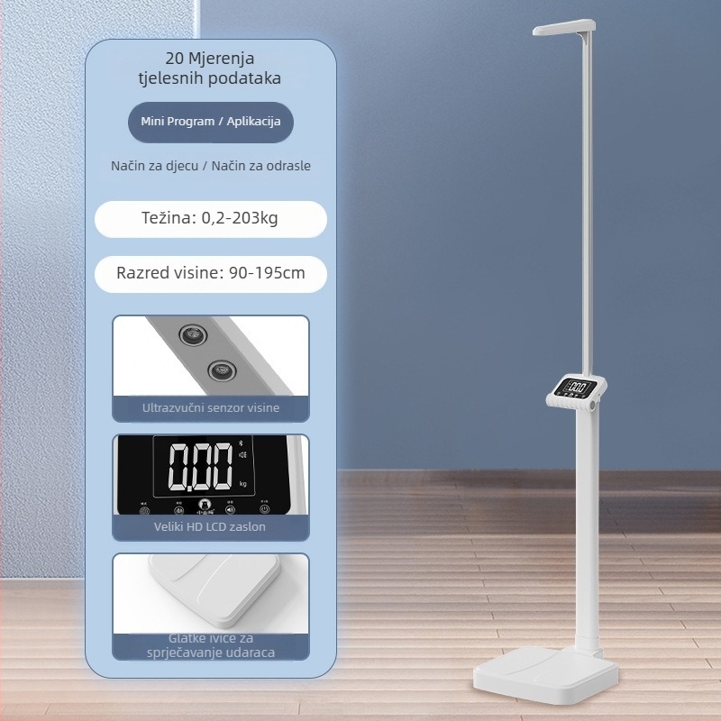 Ultrazvučne ljestvice visine i težine s glasovnim najavama, mjere visinu, težinu i postotak tjelesne masti, raspon visine 90–200 cm, nosivost do 203 kg, USB napajanje, glasovne najave na kineskom i engleskom (uključeno/isključeno)