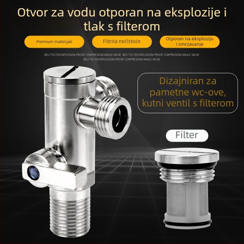 Kutni ventil za WC s filtrom, od nehrđajućeg čelika 304, navoj, ulaz 20 mm, visok protok