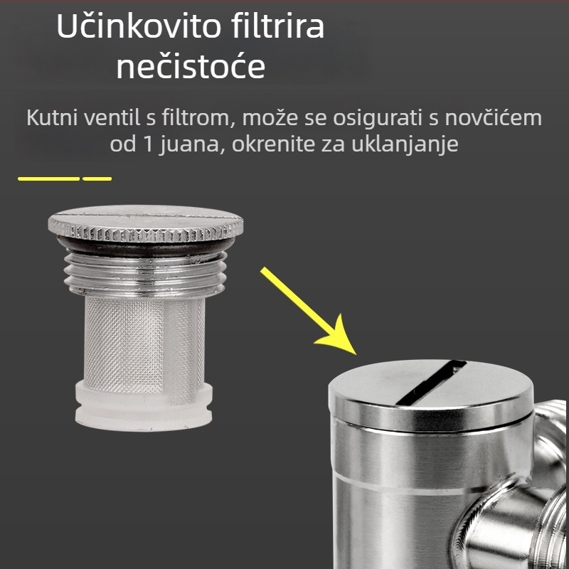 Kutni ventil za WC s filtrom, od nehrđajućeg čelika 304, navoj, ulaz 20 mm, visok protok