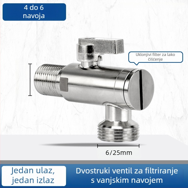 Kutni ventil za WC s filtrom, od nehrđajućeg čelika 304, navoj, ulaz 20 mm, visok protok