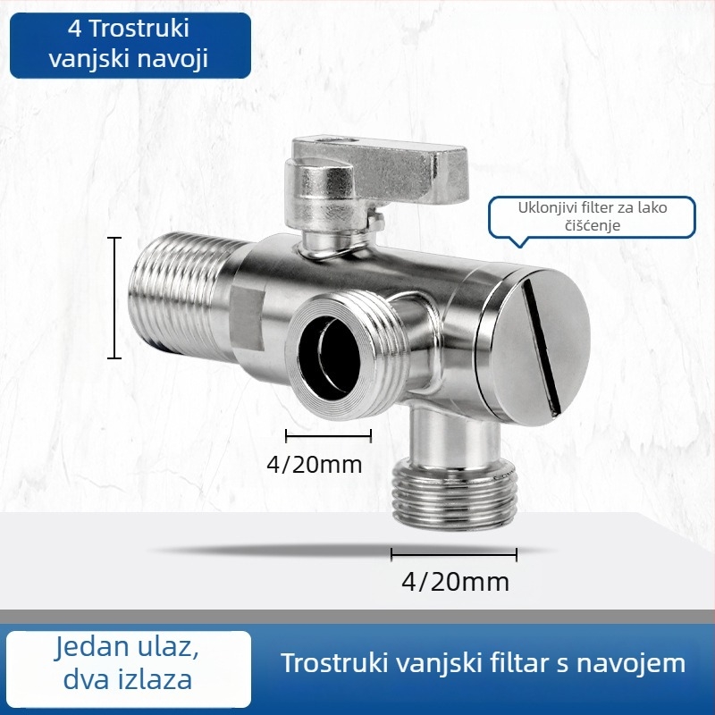 Kutni ventil za WC s filtrom, od nehrđajućeg čelika 304, navoj, ulaz 20 mm, visok protok
