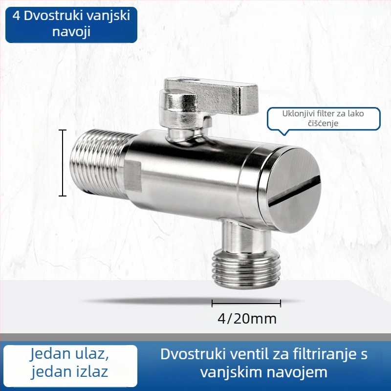 Kutni ventil za WC s filtrom, od nehrđajućeg čelika 304, navoj, ulaz 20 mm, visok protok