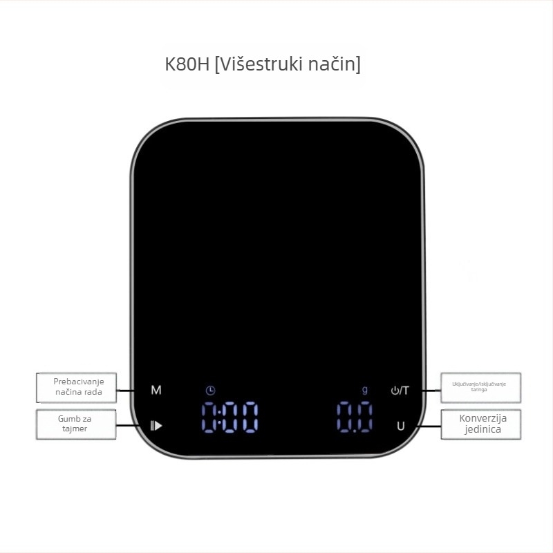 K80H vaga za kavu, raspon mjerenja 0,3–3000 g, elektroničko vaganje, napajanje 3,7 V baterija, automatsko mjerenje vremena