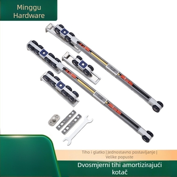 Dvosmjerni tampon za klizna vrata — kompletan set vodilica, koloteka i amortizer za drvena vrata (Debljina zida, Radius utora za užad, Vanjski promjer, Promjer osovine)