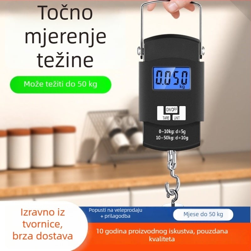 LB-A08 prijenosna elektronička vaga za prtljagu, precizno mjerenje u gramima; raspon mjerenja 50 kg; elektroničko mjerenje; napajanje s 2x AAA baterije.