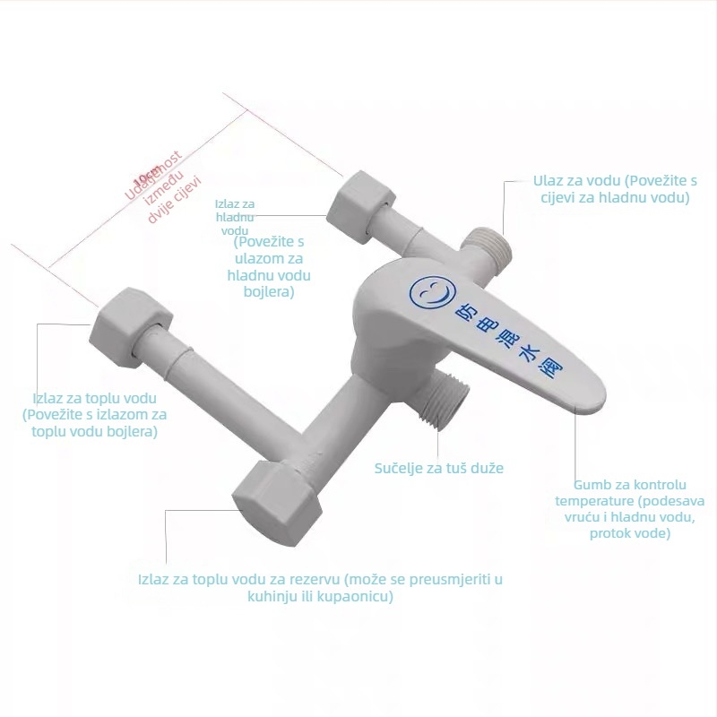 Antielektrični mješavac za bojler – miješanje tople i hladne vode, izlaz u obliku U, potpuno plastičan, zidna montaža