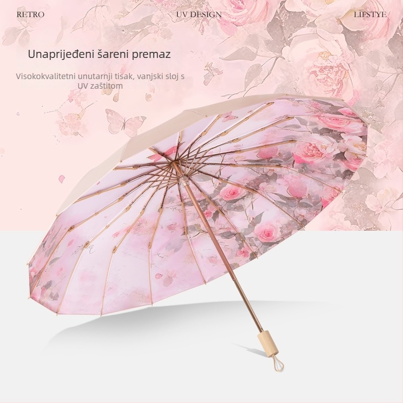 Suncobran s 16 rebara, UV zaštita UPF50+, ručno otvaranje i zatvaranje, poliester tkanina, željezna rebra