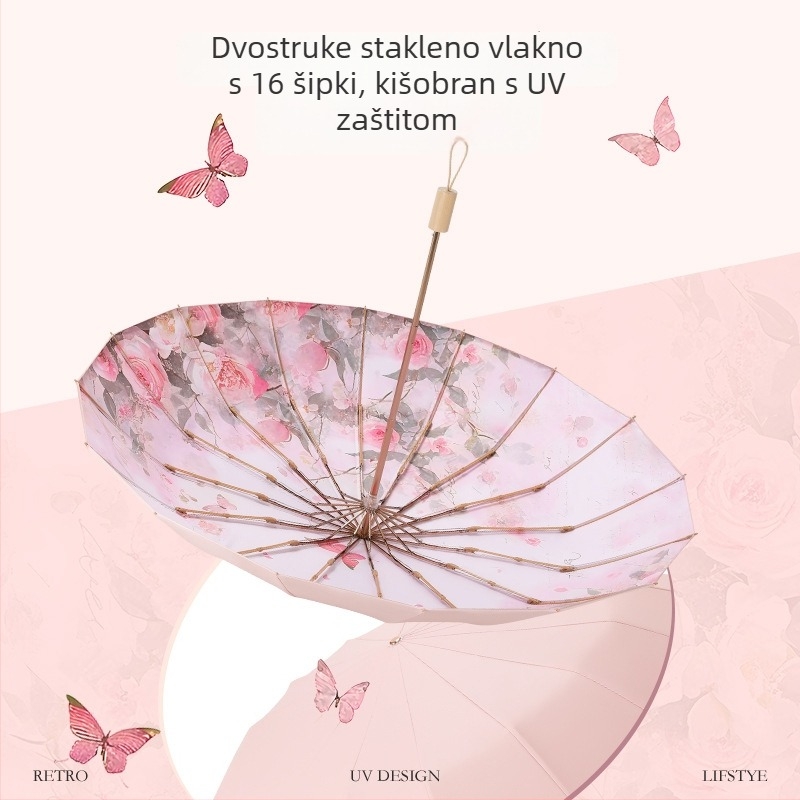 Suncobran s 16 rebara, UV zaštita UPF50+, ručno otvaranje i zatvaranje, poliester tkanina, željezna rebra