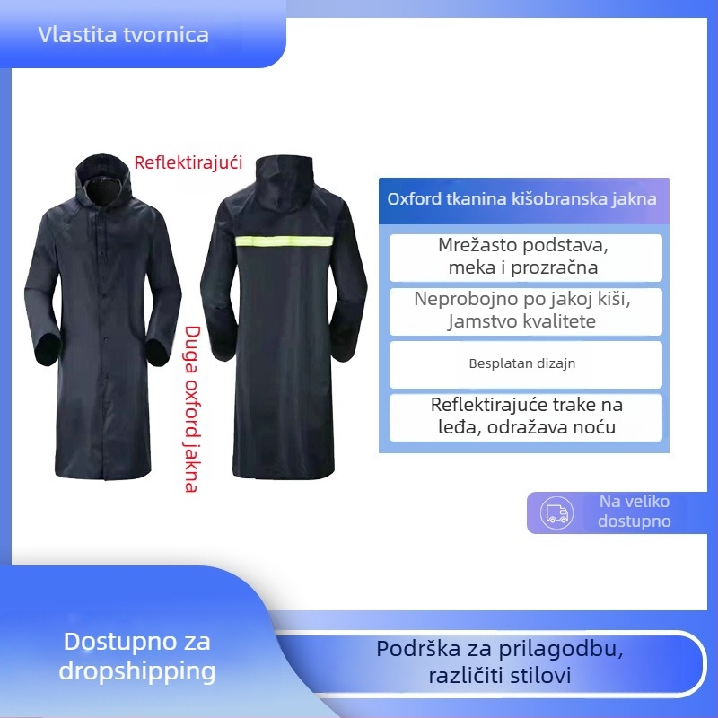 Dug kišni pončo od Oxford materijala s reflektirajućom trakom, vodootporni PVC sloj, za odrasle; mogućnost prilagođavanja logotipa