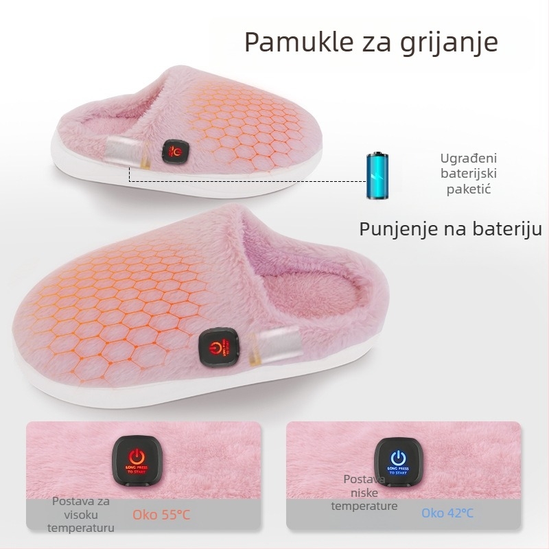 Električne grijane papuče s USB punjenjem, dvostruka regulacija temperature, pliš gornji dio, EVA potplat, protuklizne, za kućnu upotrebu